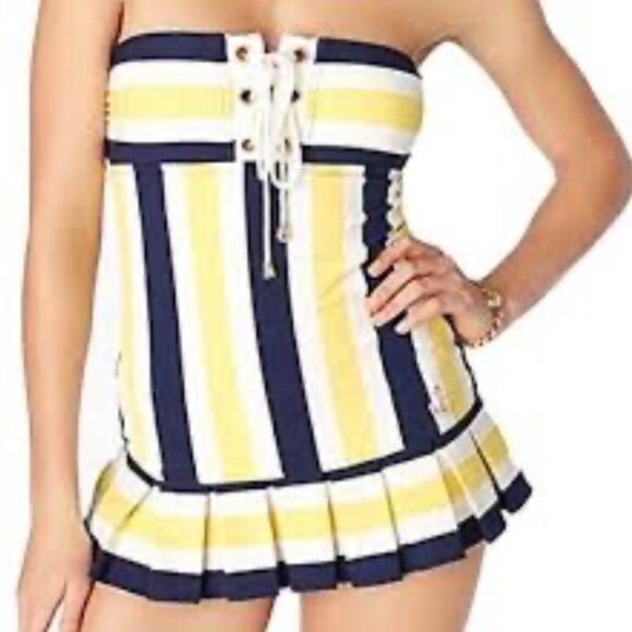 Juicy Couture Pleated Skirt Striped Nautical Swimsuit One Piece Pin Up Retro M - Picture 16 of 16